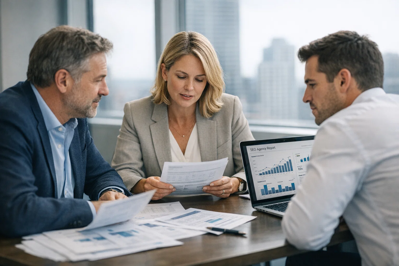 Agency SEO performance dashboard displayed during business discussion with clients.