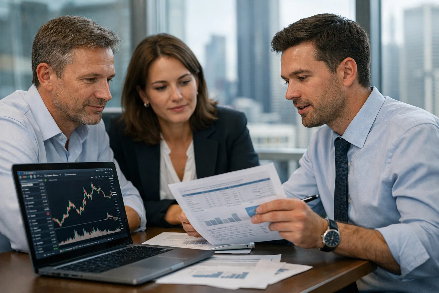 Broker client risk review during a financial planning meeting.