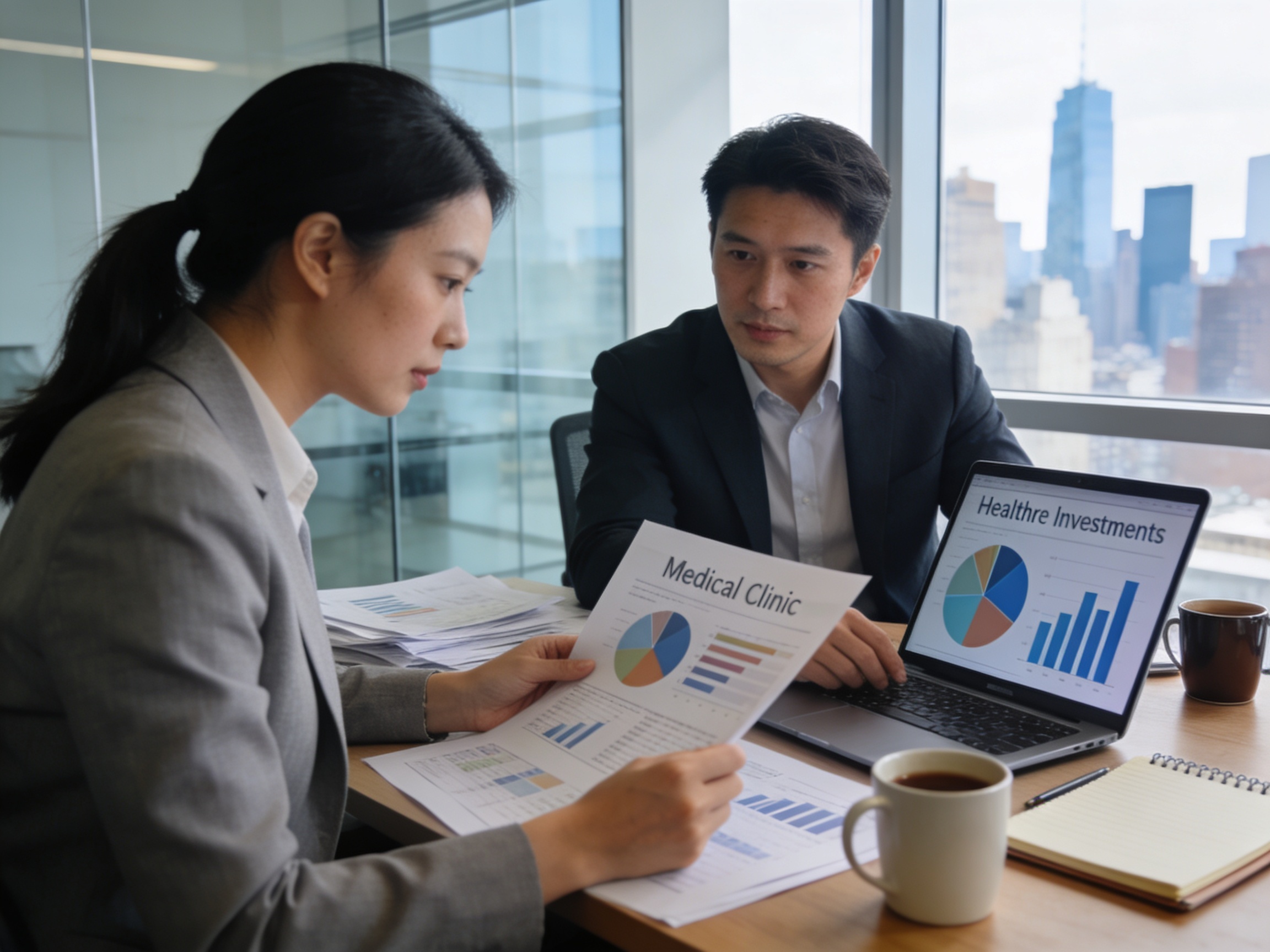 Clinic funding analysts in documentary-style professional photo.