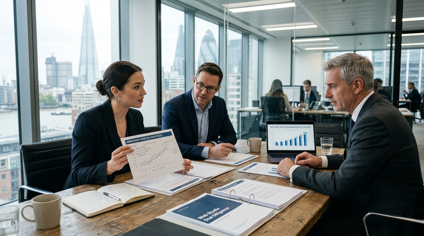 Digital agency investor meeting in modern boardroom with financial documents and growth projections.